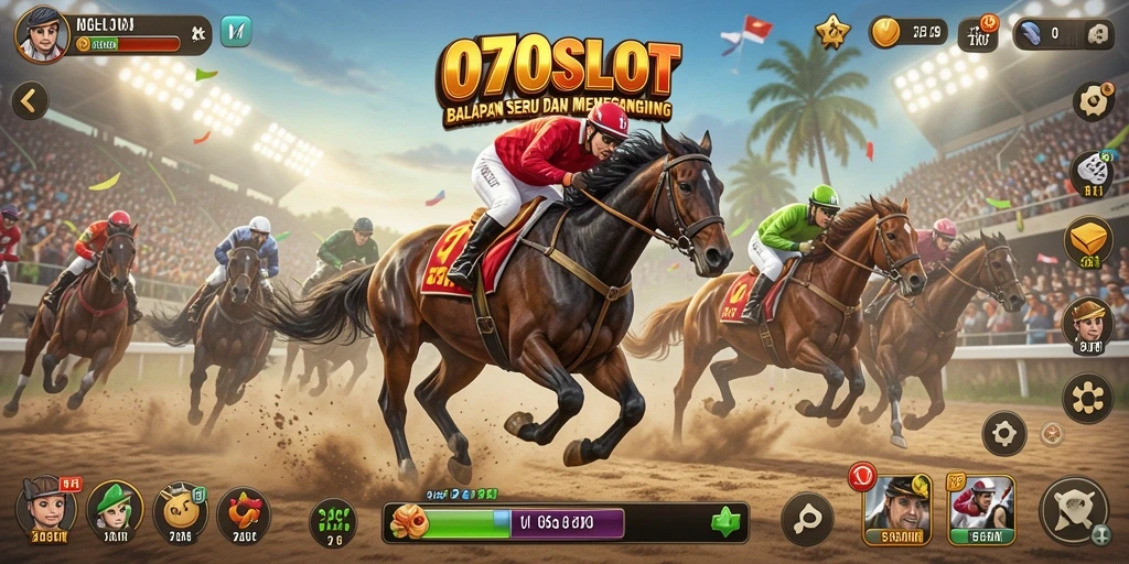 Tangkapan layar gameplay <strong>070SLOT</strong> menunjukkan mobil yang bersaing di trek balap yang menegangkan.