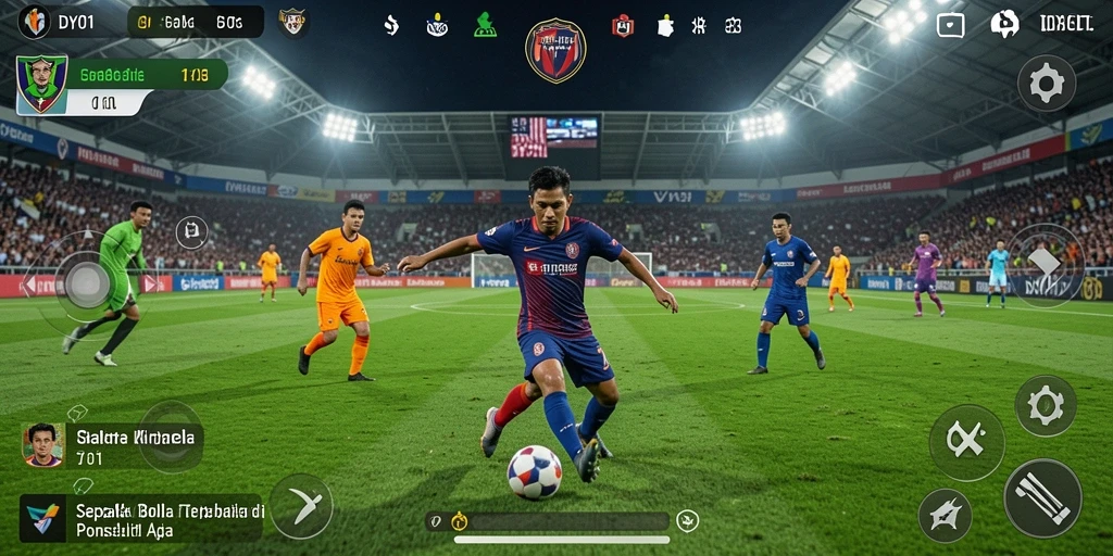 Screenshot gameplay DY01 menampilkan aksi seru di lapangan sepak bola.